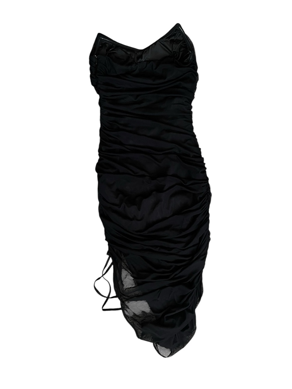 MABLE Simone Black Ruched Mesh Asymmetrical Drawstring Midi Dress Bodycon M - Picture 3 of 6